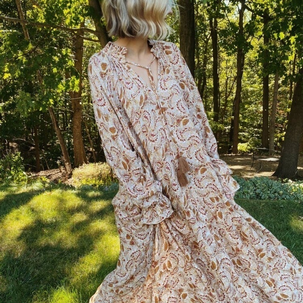 Aura Blue and Brown Boho Paisley Midi Dress sz S
